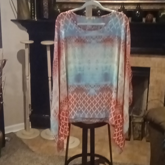 NWOT Camille & Co orange sheer multi-colored patterned designed blouse Sz S/M - Picture 2 of 12